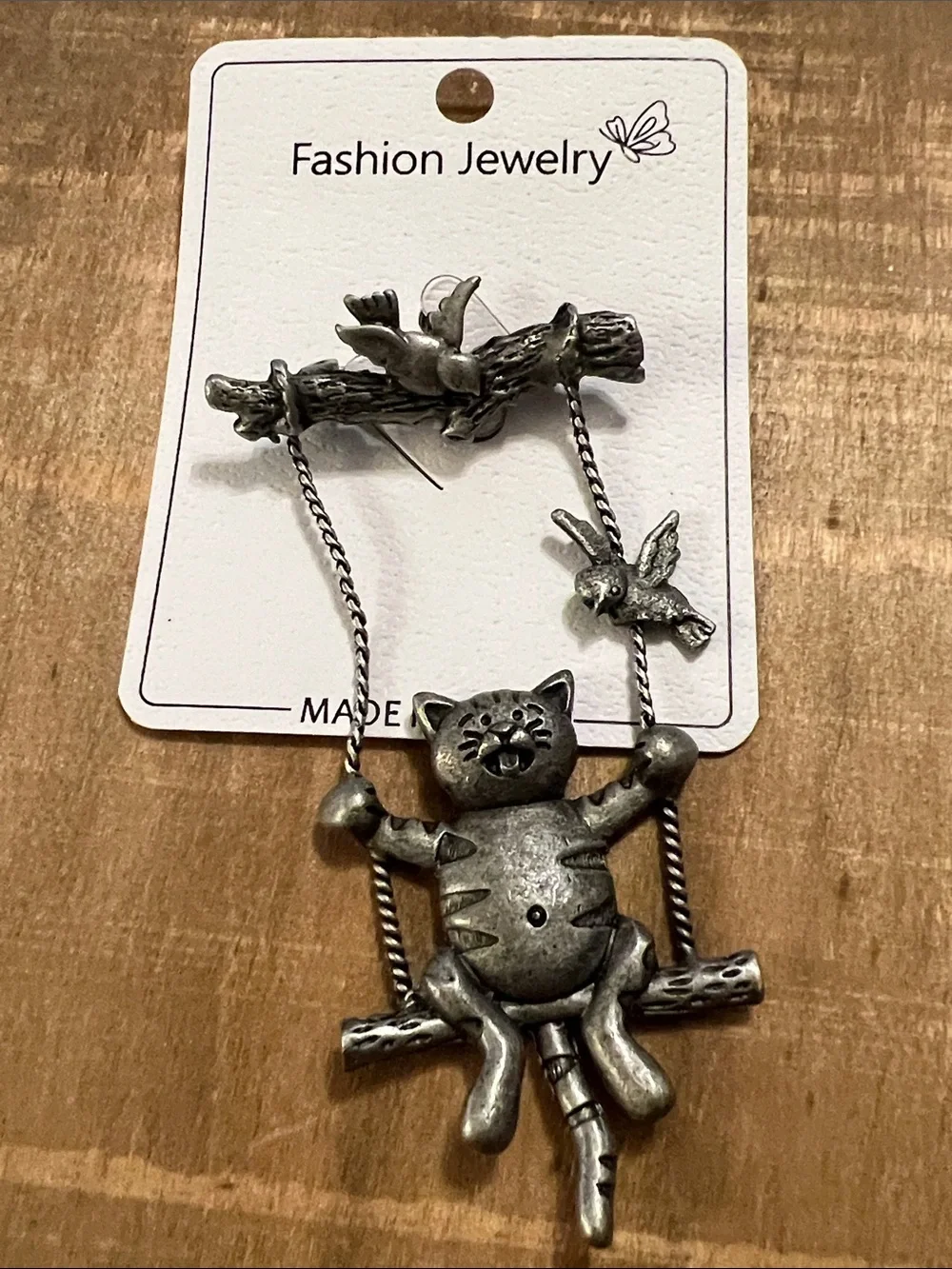 3/$18 Fashion Jewelry Antique Silver Cat on Swing Brooch with Bird Details 6058